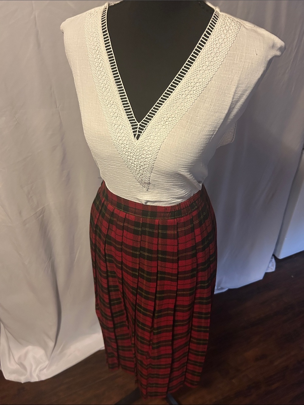 Requirements Red and Black Plaid Midi Skirt with Pleats